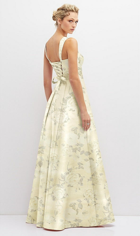 Back View - Butter Yellow Floral Floral Lace-Up Back Bustier Satin Dress with Full Skirt and Pockets