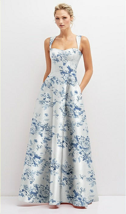 Floral Lace-up Back Bustier Satin Bridesmaid Dress With Full Skirt