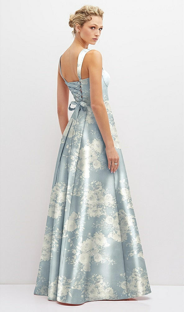 Back View - Porcelain Blue Seraphina Floral Floral Lace-Up Back Bustier Satin Dress with Full Skirt and Pockets