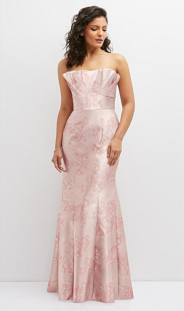 Front View - Bow And Blossom Print Floral Strapless Satin Fit and Flare Dress with Crumb-Catcher Bodice