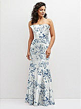 Front View Thumbnail - Cottage Rose Larkspur Floral Strapless Satin Fit and Flare Dress with Crumb-Catcher Bodice