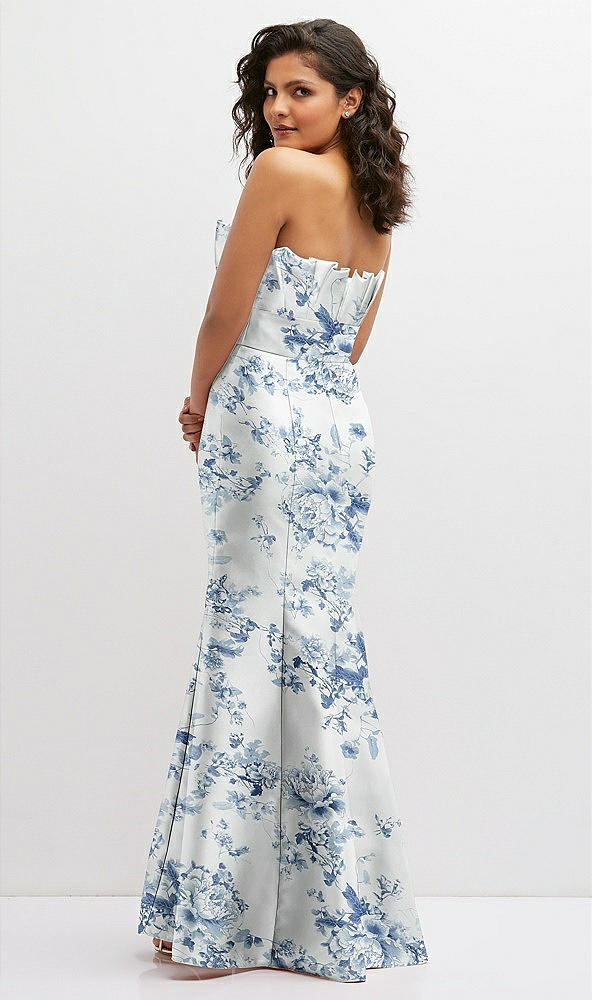 Back View - Cottage Rose Larkspur Floral Strapless Satin Fit and Flare Dress with Crumb-Catcher Bodice