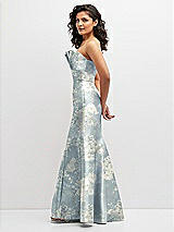 Side View Thumbnail - Porcelain Blue Seraphina Floral Floral Strapless Satin Fit and Flare Dress with Crumb-Catcher Bodice