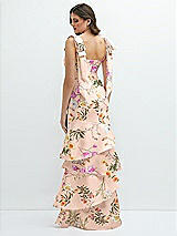 Front View Thumbnail - Butterfly Botanica Pink Sand Floral Bow-Shoulder Satin Maxi Dress with Asymmetrical Tiered Skirt