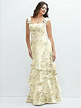 Rear View Thumbnail - Butter Yellow Floral Floral Bow-Shoulder Satin Maxi Dress with Asymmetrical Tiered Skirt