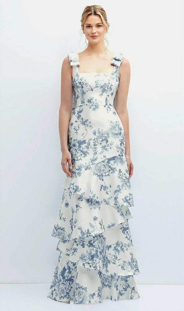 Back View - Cottage Rose Larkspur Floral Bow-Shoulder Satin Maxi Dress with Asymmetrical Tiered Skirt