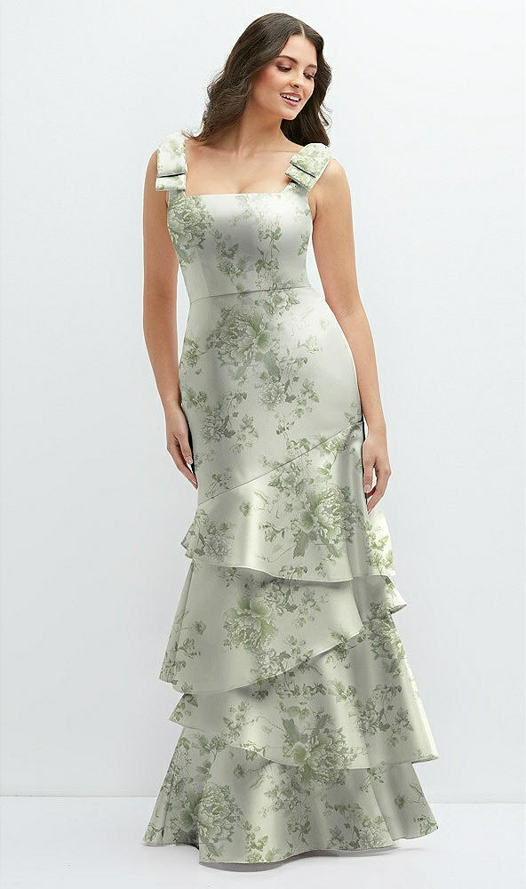 Back View - Sage Cottage Rose Floral Bow-Shoulder Satin Maxi Dress with Asymmetrical Tiered Skirt