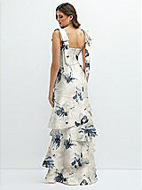 Front View Thumbnail - Inkwash Blue Floral Floral Bow-Shoulder Satin Maxi Dress with Asymmetrical Tiered Skirt