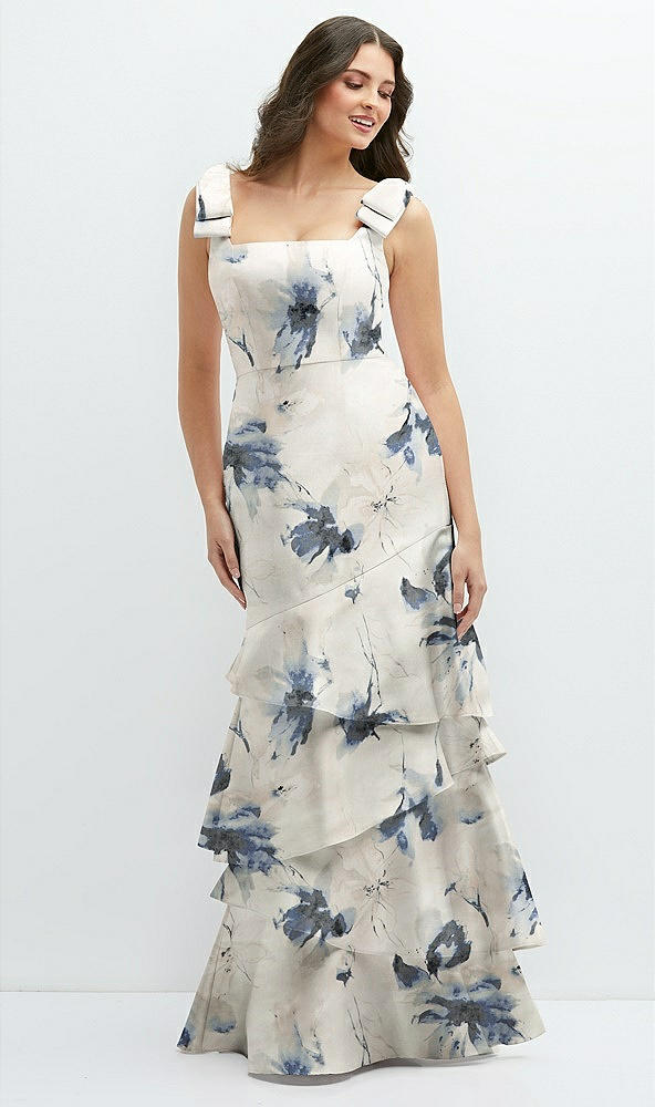 Back View - Inkwash Blue Floral Floral Bow-Shoulder Satin Maxi Dress with Asymmetrical Tiered Skirt
