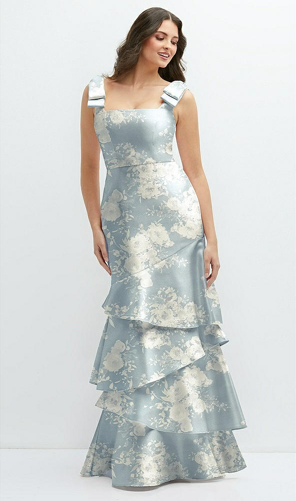 Back View - Porcelain Blue Seraphina Floral Floral Bow-Shoulder Satin Maxi Dress with Asymmetrical Tiered Skirt