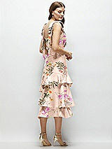 Alt View 3 Thumbnail - Butterfly Botanica Pink Sand Floral Bow-Shoulder Satin Midi Dress with Asymmetrical Tiered Skirt