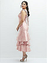 Front View Thumbnail - Bow And Blossom Print Floral Bow-Shoulder Satin Midi Dress with Asymmetrical Tiered Skirt