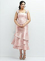 Side View Thumbnail - Bow And Blossom Print Floral Bow-Shoulder Satin Midi Dress with Asymmetrical Tiered Skirt