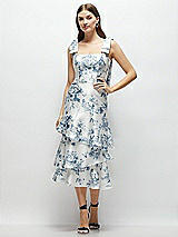 Alt View 1 Thumbnail - Cottage Rose Larkspur Floral Bow-Shoulder Satin Midi Dress with Asymmetrical Tiered Skirt