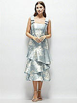 Alt View 1 Thumbnail - Porcelain Blue Seraphina Floral Floral Bow-Shoulder Satin Midi Dress with Asymmetrical Tiered Skirt