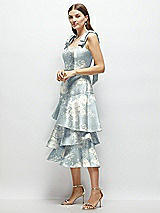 Alt View 2 Thumbnail - Porcelain Blue Seraphina Floral Floral Bow-Shoulder Satin Midi Dress with Asymmetrical Tiered Skirt
