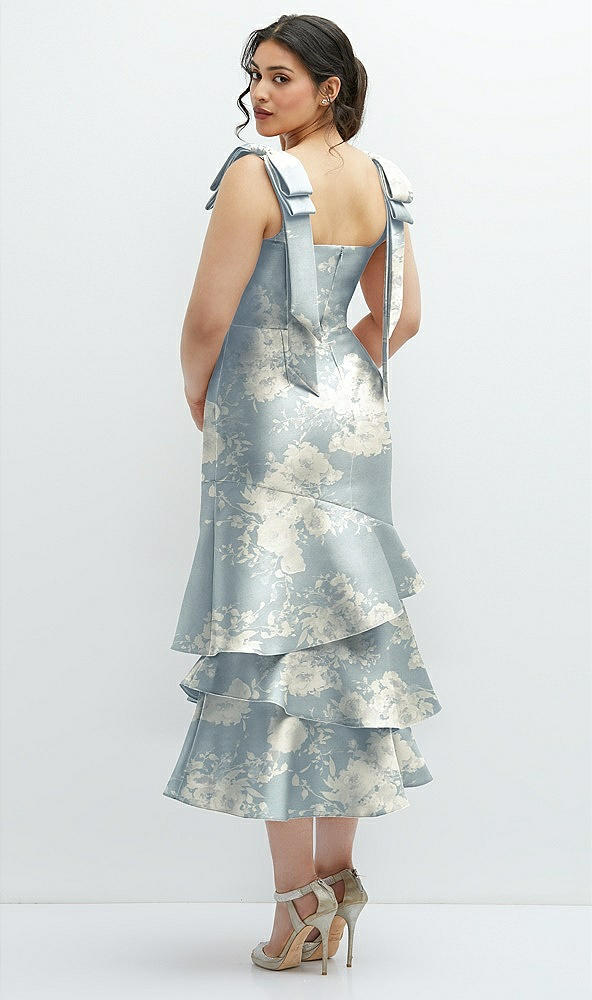 Back View - Porcelain Blue Seraphina Floral Floral Bow-Shoulder Satin Midi Dress with Asymmetrical Tiered Skirt