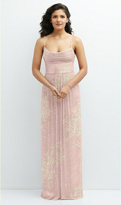 Soft Cowl Neck Metallic Pleated Maxi Dress with Floral Gold Foil Print