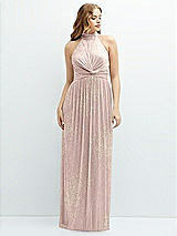 Front View Thumbnail - Pink Gold Foil Band Collar Halter Open-Back Metallic Pleated Maxi Dress with Floral Gold Foil Print
