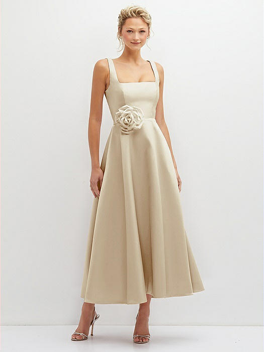 Square Neck Satin Midi Dress with Full Skirt & Flower Sash