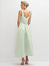 Rear View Thumbnail - Mint Green Square Neck Satin Midi Dress with Full Skirt & Flower Sash