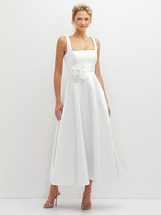 Square Neck Satin Midi Dress with Full Skirt & Flower Sash
