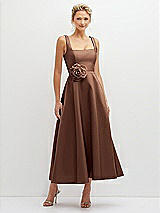 Front View Thumbnail - Cognac Square Neck Satin Midi Dress with Full Skirt & Flower Sash