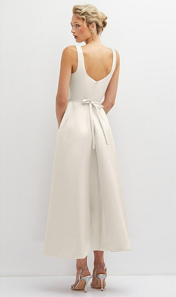 Back View - Ivory Square Neck Satin Midi Dress with Full Skirt & Flower Sash