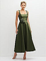 Front View Thumbnail - Olive Green Square Neck Satin Midi Dress with Full Skirt & Flower Sash