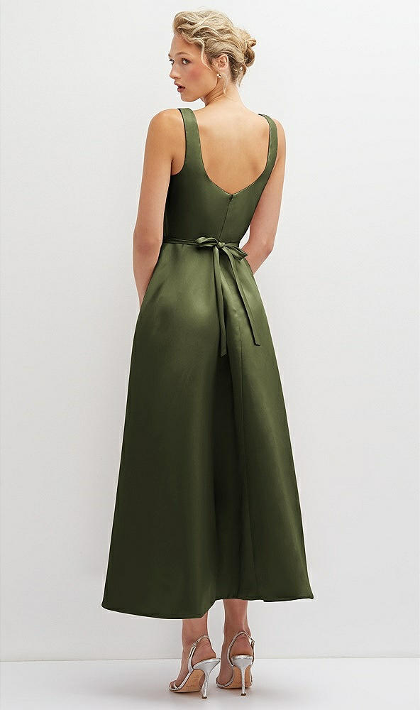 Back View - Olive Green Square Neck Satin Midi Dress with Full Skirt & Flower Sash