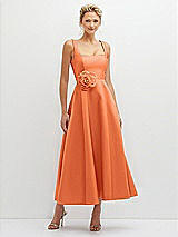 Front View Thumbnail - Portofino Orange Square Neck Satin Midi Dress with Full Skirt & Flower Sash