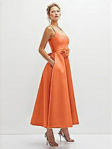 Side View Thumbnail - Portofino Orange Square Neck Satin Midi Dress with Full Skirt & Flower Sash