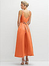 Rear View Thumbnail - Portofino Orange Square Neck Satin Midi Dress with Full Skirt & Flower Sash