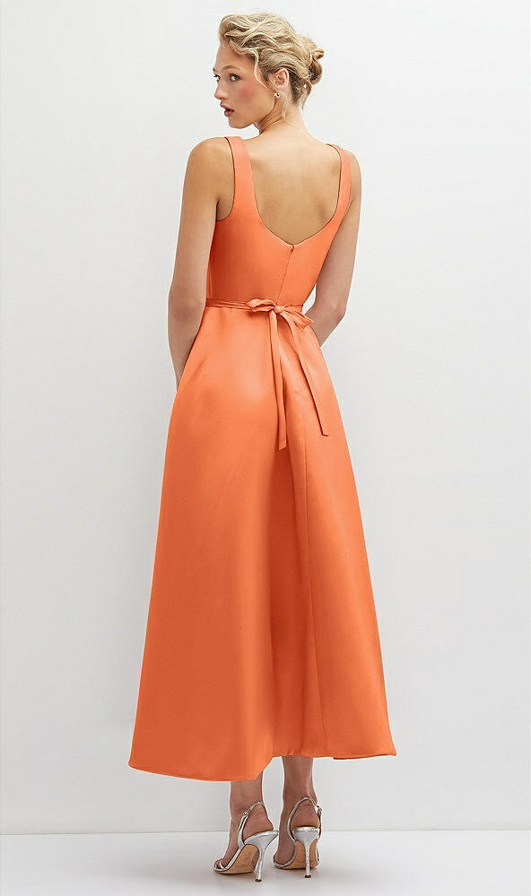 Back View - Portofino Orange Square Neck Satin Midi Dress with Full Skirt & Flower Sash