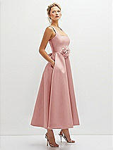 Side View Thumbnail - Rose Square Neck Satin Midi Dress with Full Skirt & Flower Sash