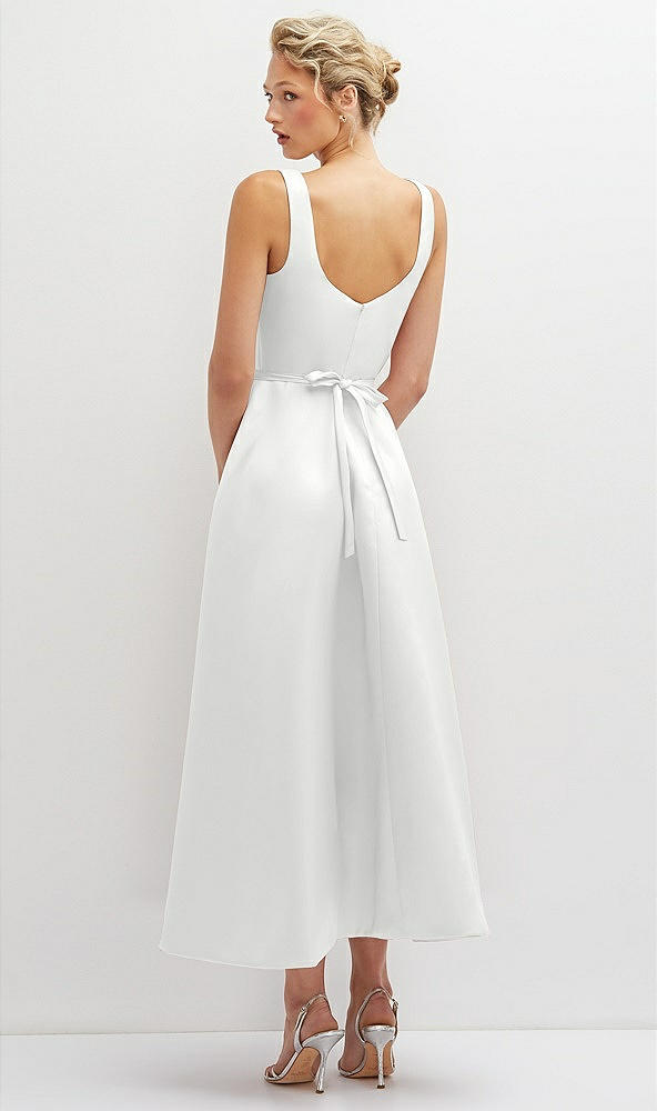 Back View - White Square Neck Satin Midi Dress with Full Skirt & Flower Sash