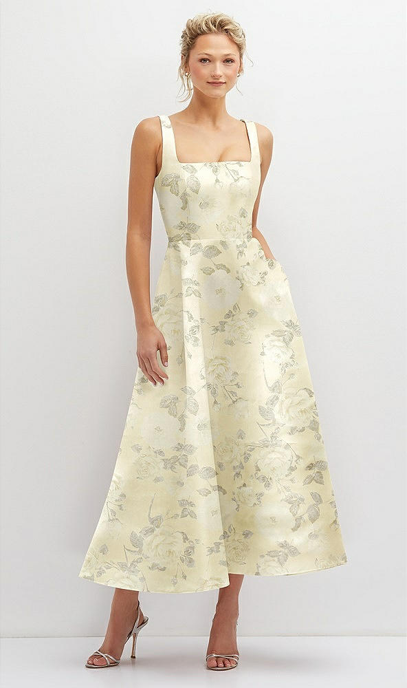Front View - Butter Yellow Floral Floral Square Neck Satin Midi Dress with Full Skirt & Pockets