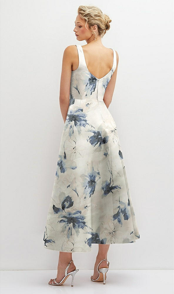 Back View - Inkwash Blue Floral Floral Square Neck Satin Midi Dress with Full Skirt & Pockets