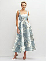 Front View Thumbnail - Porcelain Blue Seraphina Floral Floral Square Neck Satin Midi Dress with Full Skirt & Pockets