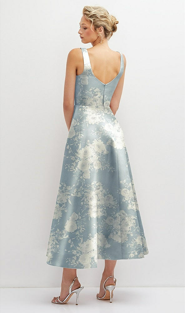 Back View - Porcelain Blue Seraphina Floral Floral Square Neck Satin Midi Dress with Full Skirt & Pockets