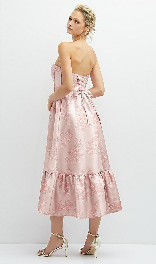 Back View - Bow And Blossom Print Floral Satin Strapless Midi Corset Dress with Lace-Up Back & Ruffle Hem