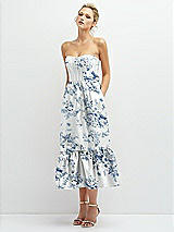 Alt View 1 Thumbnail - Cottage Rose Larkspur Floral Satin Strapless Midi Corset Dress with Lace-Up Back & Ruffle Hem