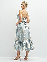 Rear View Thumbnail - Porcelain Blue Seraphina Floral Floral Satin Strapless Midi Corset Dress with Lace-Up Back & Ruffle Hem