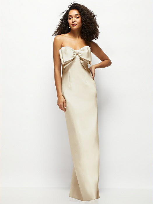 Strapless Satin Column Maxi Dress with Oversized Handcrafted Bow