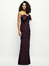 Side View Thumbnail - Deep Plum Strapless Satin Column Maxi Dress with Oversized Handcrafted Bow