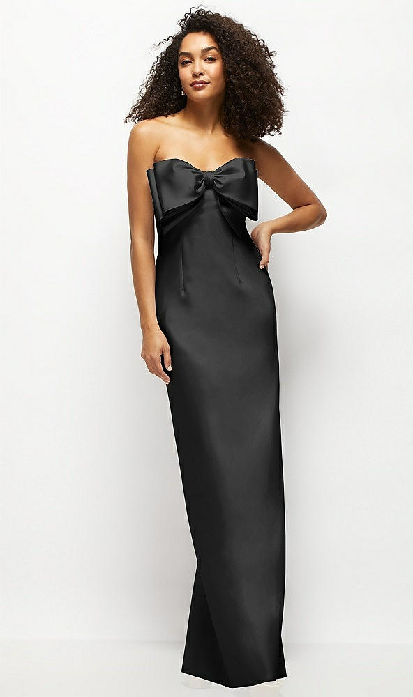 Front View - Black Strapless Satin Column Maxi Dress with Oversized Handcrafted Bow