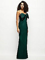 Side View Thumbnail - Evergreen Strapless Satin Column Maxi Dress with Oversized Handcrafted Bow