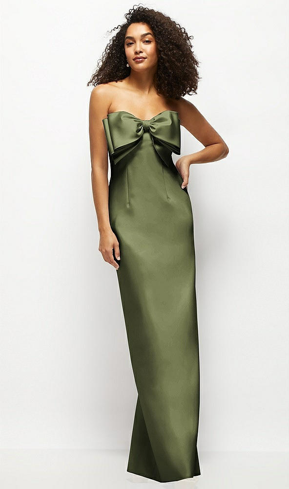Front View - Olive Green Strapless Satin Column Maxi Dress with Oversized Handcrafted Bow