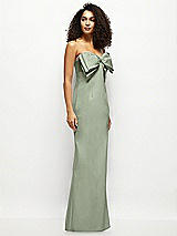 Side View Thumbnail - Sage Strapless Satin Column Maxi Dress with Oversized Handcrafted Bow