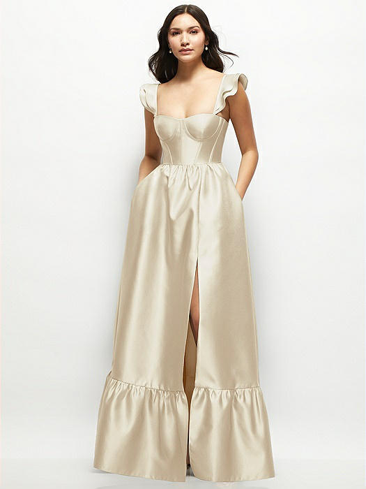 Satin Corset Maxi Dress with Ruffle Straps & Skirt